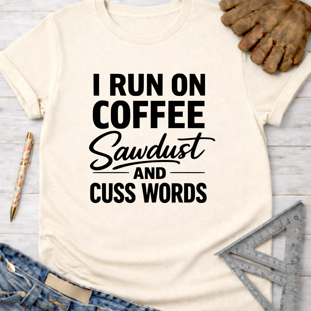 Women's funny woodworking graphic tee shirt for female woodworkers, makers, and DIY builders — Sawdust & Ponytails. Cream t-shirt with "I RUN ON COFFEE Sawdust AND CUSS WORDS" in black text.