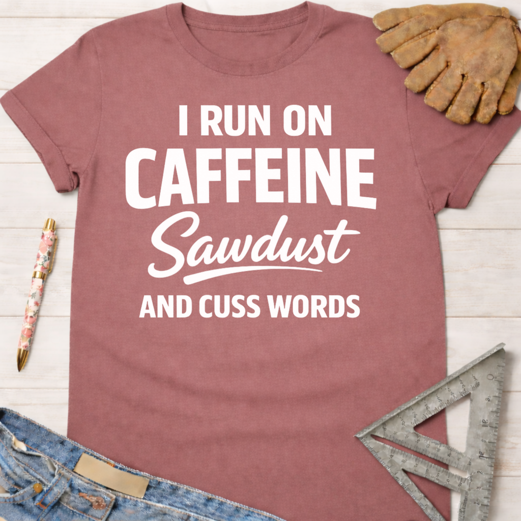 Women's funny woodworking graphic tee shirt for female woodworkers, makers, and DIY builders — Sawdust & Ponytails. Mauve t-shirt with "I RUN ON CAFFEINE Sawdust AND CUSS WORDS" in white text.