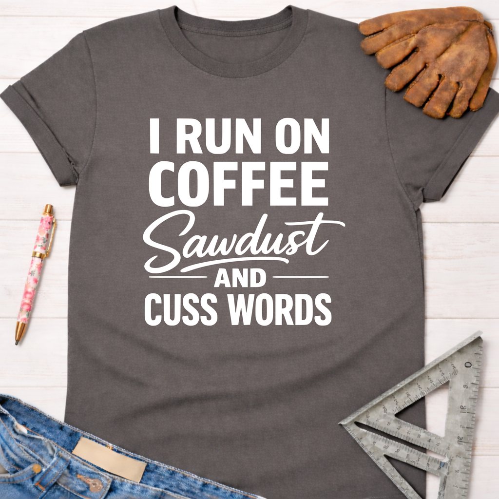 Women's funny woodworking graphic tee shirt for female woodworkers, makers, and DIY builders — Sawdust & Ponytails. Dark gray t-shirt with "I RUN ON COFFEE Sawdust AND CUSS WORDS" in white text.