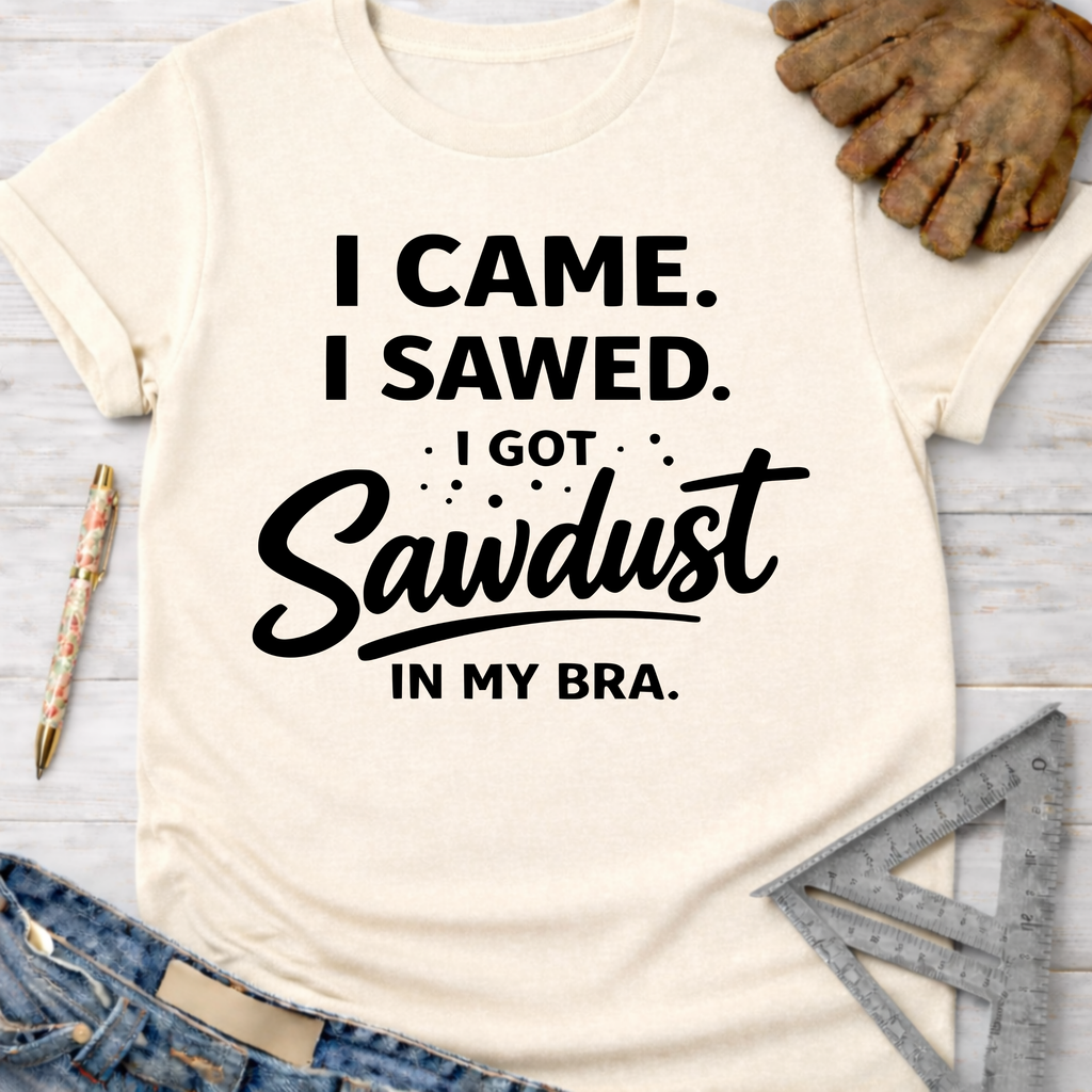 Women's funny woodworking graphic tee shirt for female woodworkers, makers, and DIY builders — Sawdust & Ponytails. Cream short-sleeve tee with "I Came. I Sawed. I Got Sawdust In My Bra." in black text.