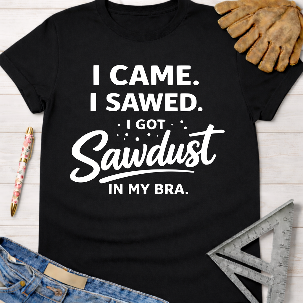 Women's funny woodworking graphic tee shirt for female woodworkers, makers, and DIY builders — Sawdust & Ponytails. Black cotton tee with "I Came. I Sawed. I Got Sawdust In My Bra." in white text.