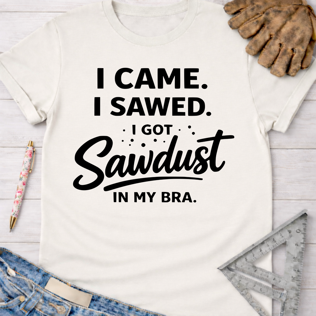 Women's funny woodworking graphic tee shirt for female woodworkers, makers, and DIY builders — Sawdust & Ponytails. White cotton tee with "I Came. I Sawed. I Got Sawdust In My Bra." text.
