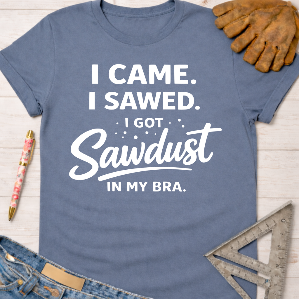 Women's funny woodworking graphic tee shirt for female woodworkers, makers, and DIY builders — Sawdust & Ponytails.