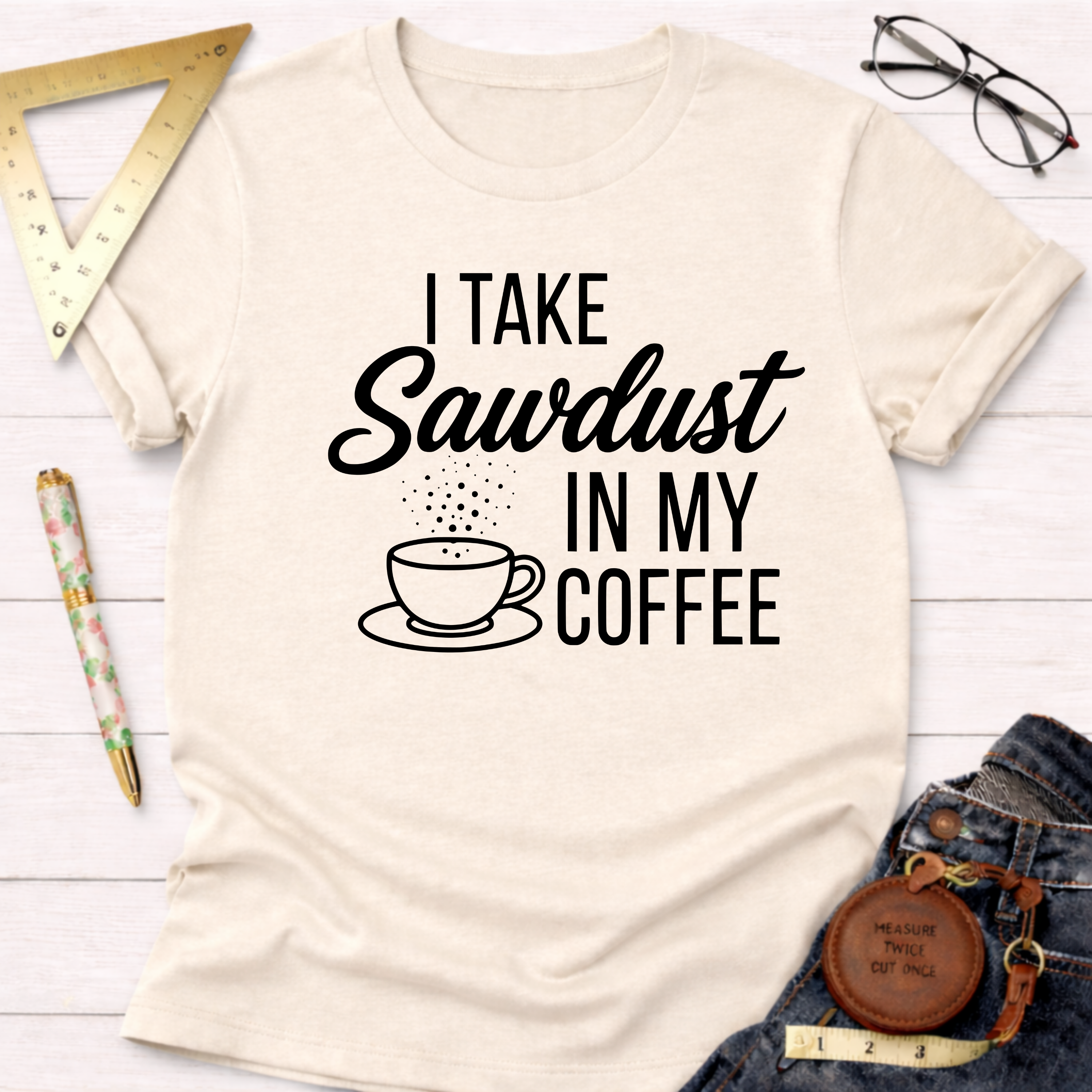 Women's funny woodworking graphic tee shirt for female woodworkers, makers, and DIY builders — Sawdust & Ponytails. Cream cotton tee with "I Take Sawdust In My Coffee" graphic.