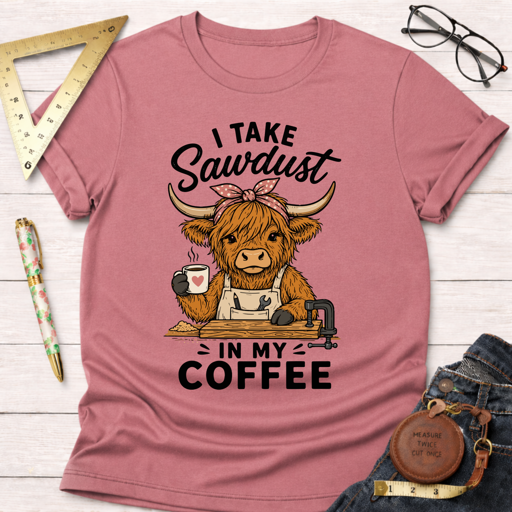 Pink "I Take Sawdust In My Coffee" t-shirt with a cartoon Highland cow in an apron holding a coffee mug.