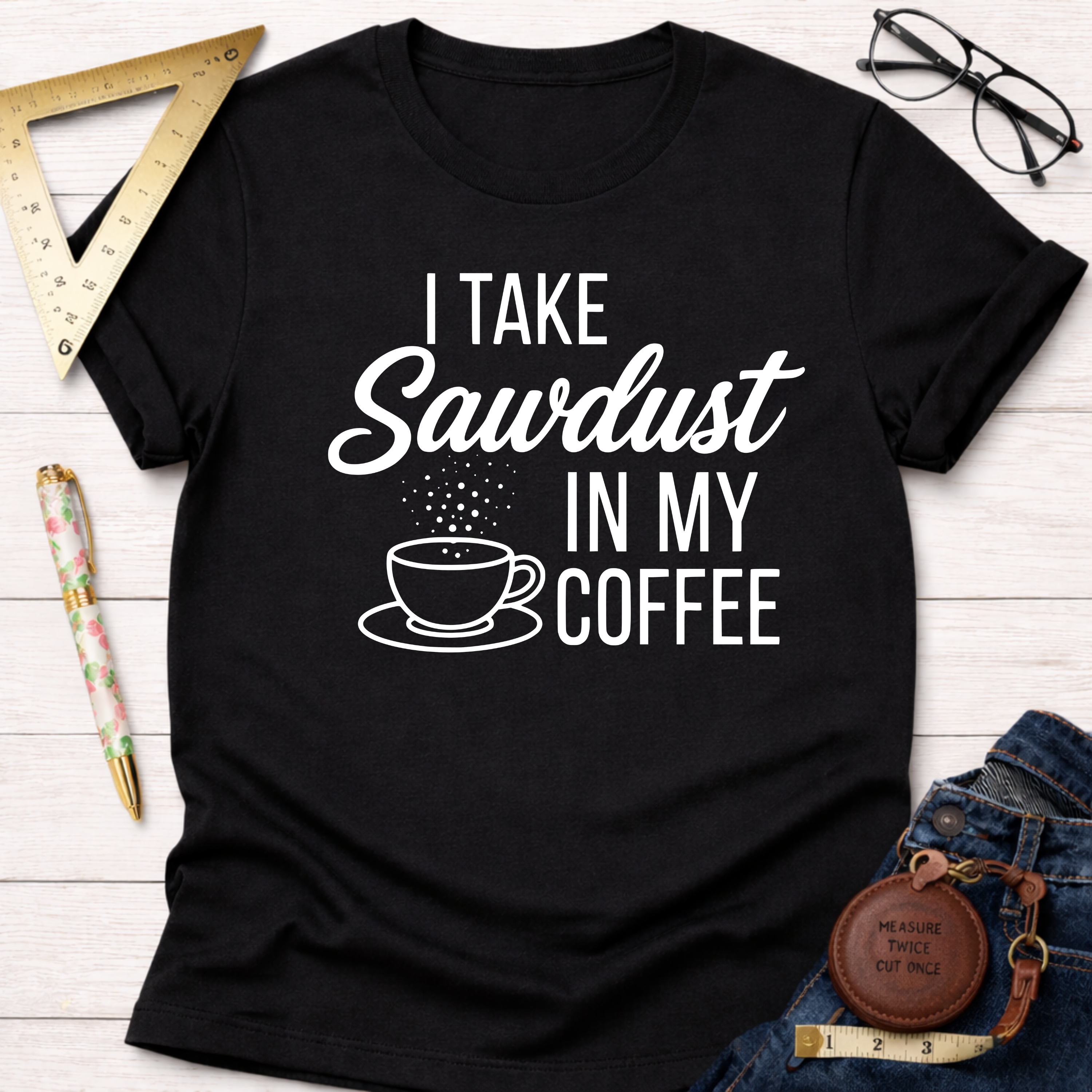 Black cotton women's funny woodworking graphic tee with "I Take Sawdust In My Coffee" design.