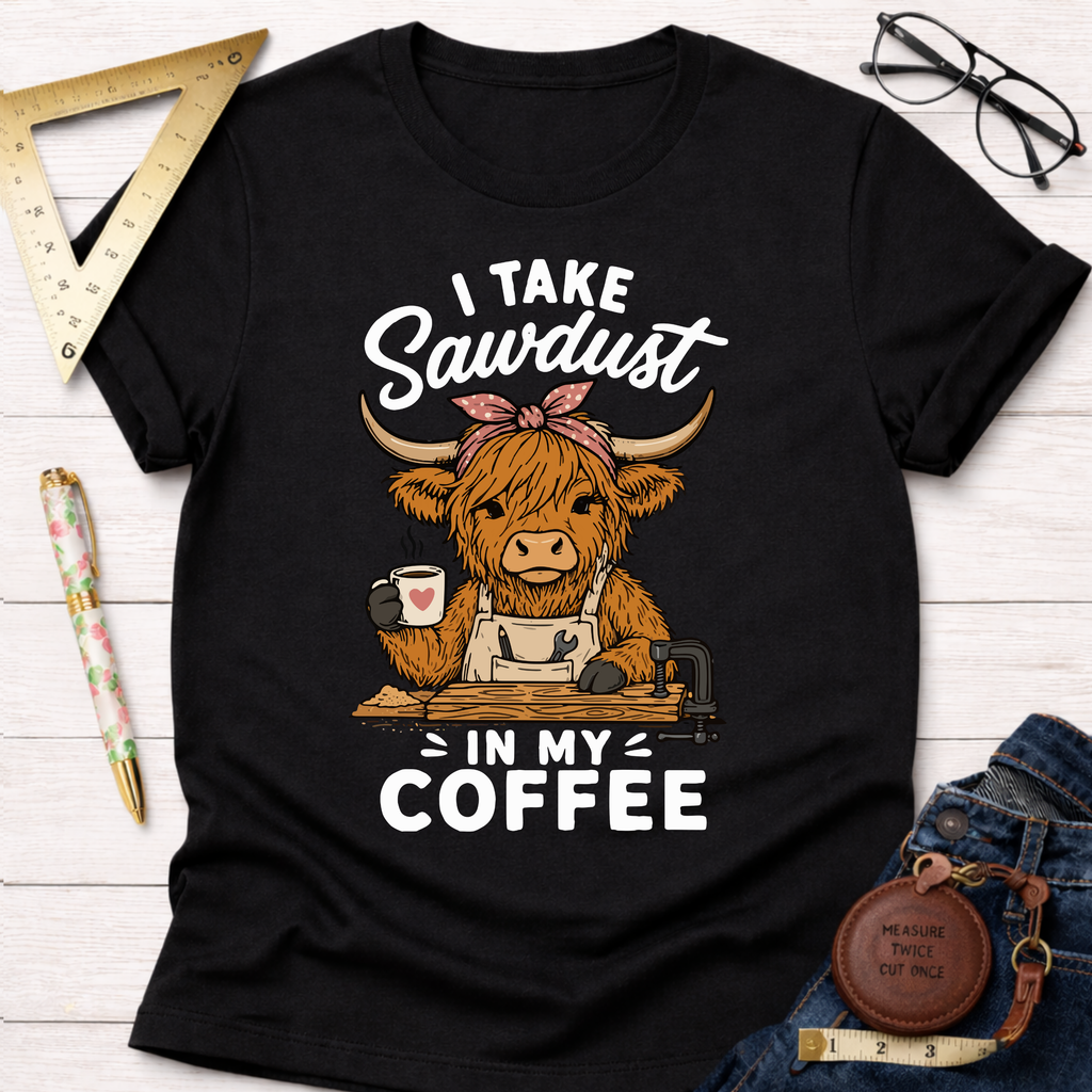 Black cotton t-shirt with a cartoon Highland cow wearing an apron, holding coffee, and "I Take Sawdust In My Coffee" text.