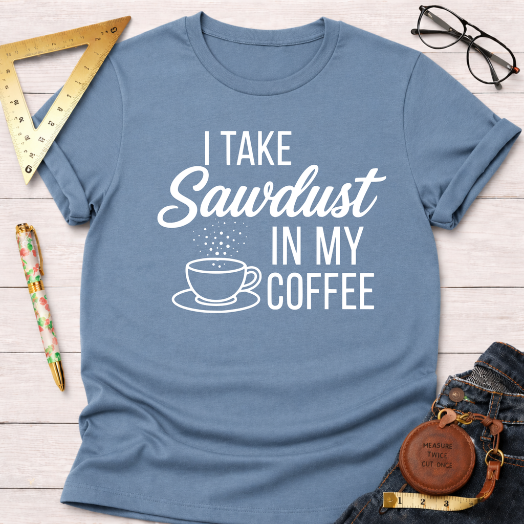 Women's funny woodworking graphic tee shirt for female woodworkers, makers, and DIY builders — Sawdust & Ponytails. Light blue cotton tee with "I Take Sawdust In My Coffee" graphic.