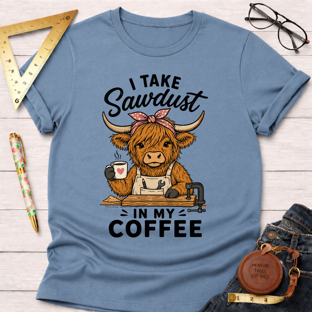 Light blue cotton t-shirt with a cartoon Highland cow wearing an apron, holding coffee, and "I Take Sawdust In My Coffee" text.