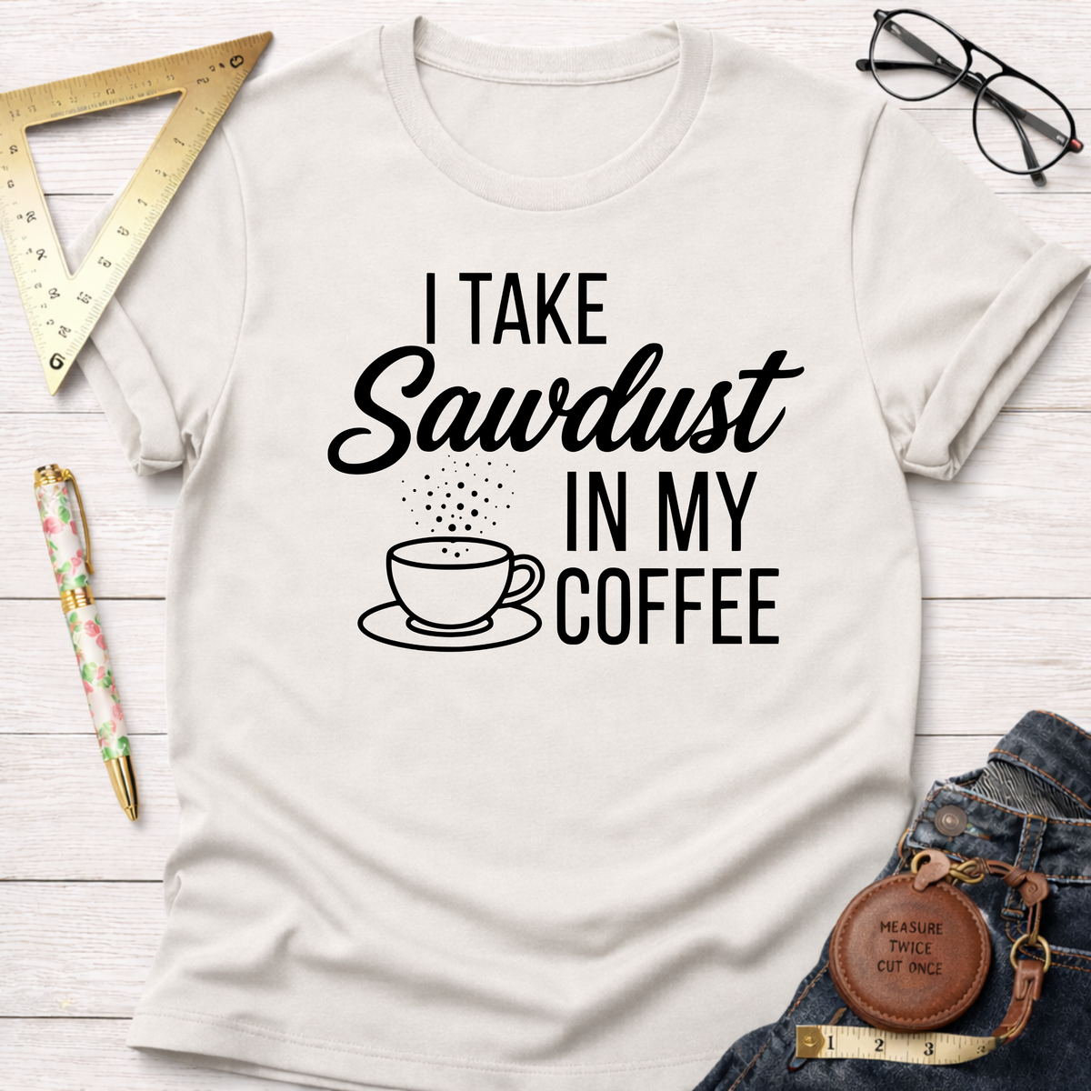 Women's funny woodworking graphic tee shirt for female woodworkers, makers, and DIY builders — Sawdust & Ponytails.