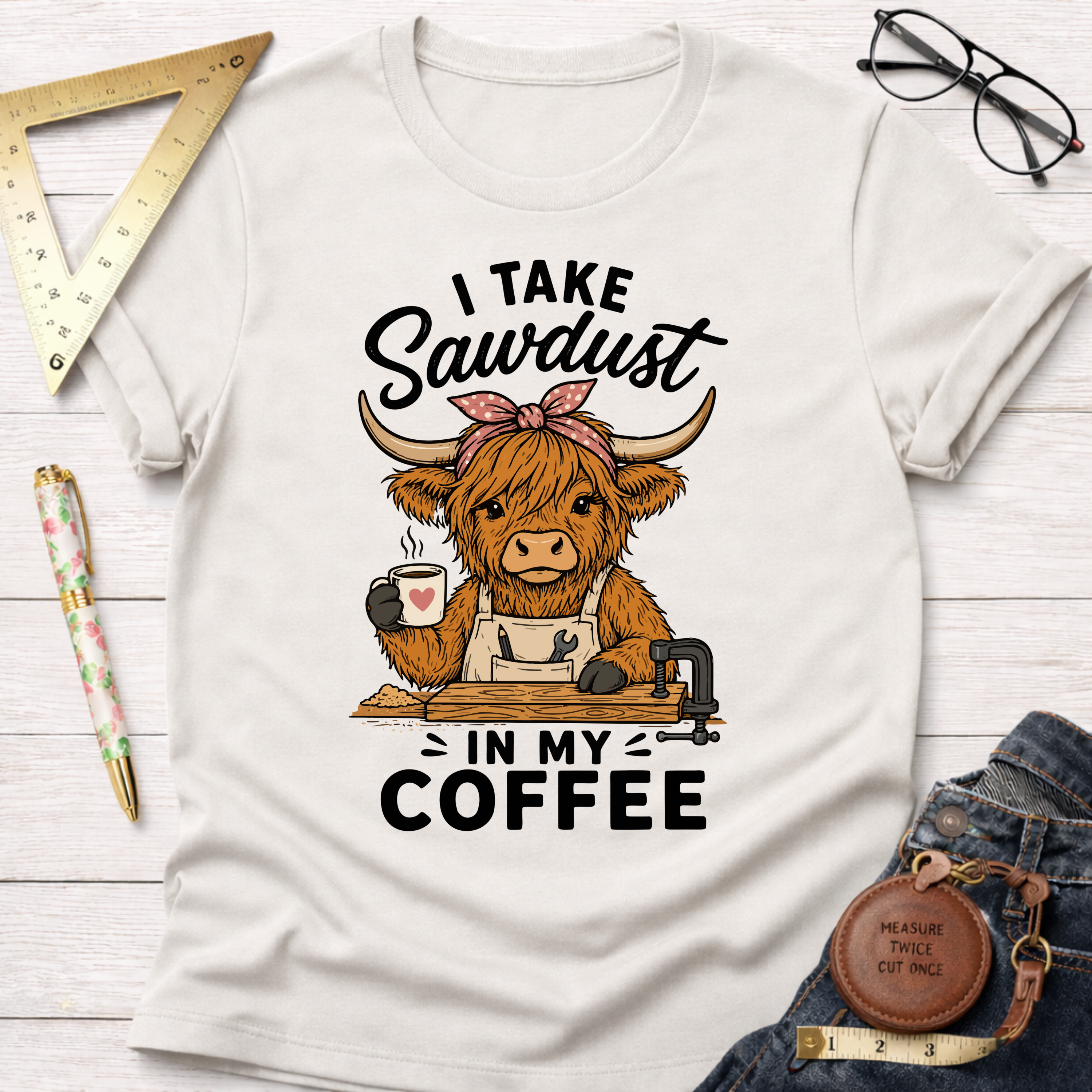 Cream "I Take Sawdust In My Coffee" t-shirt with a cute Highland cow carpenter design.