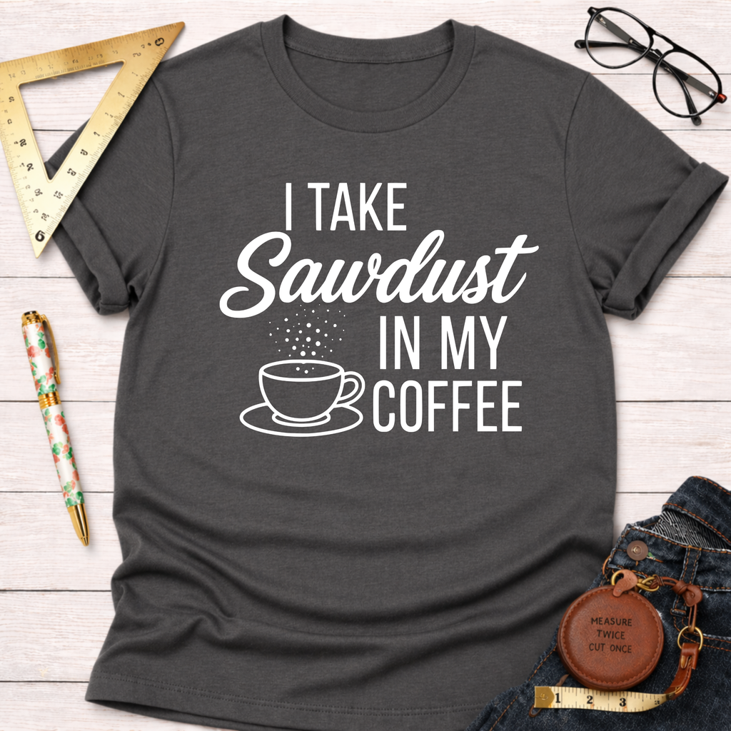 Women's funny woodworking graphic tee shirt for female woodworkers, makers, and DIY builders — Sawdust & Ponytails. Dark gray cotton t-shirt with "I Take Sawdust In My Coffee" graphic.