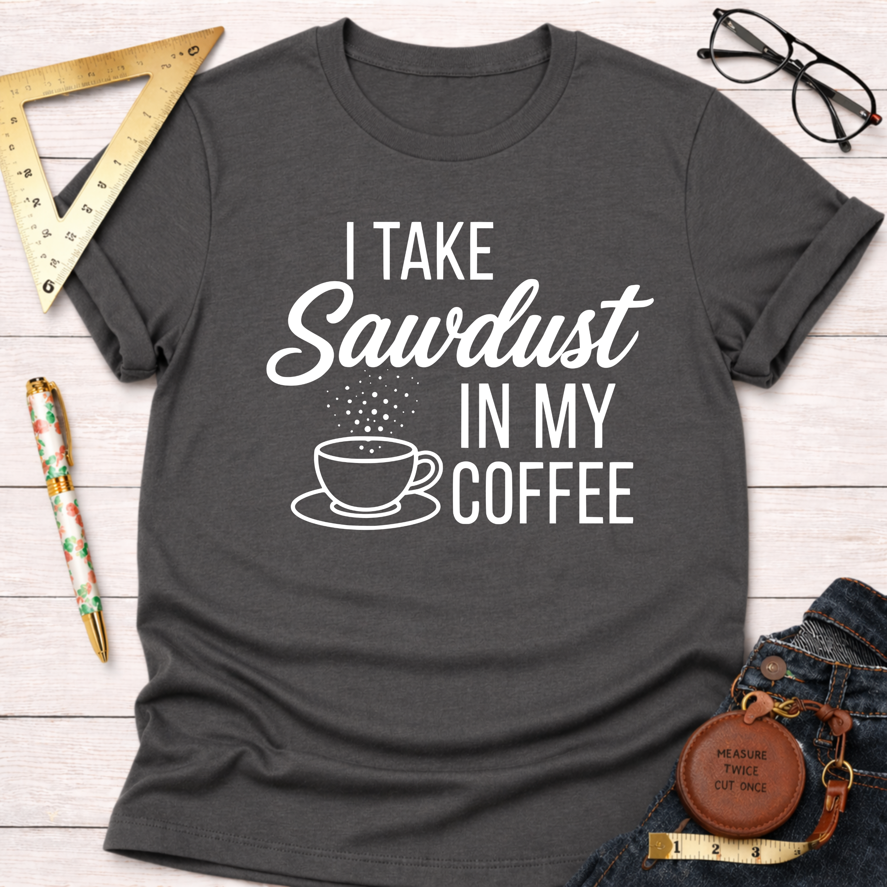 Women's funny woodworking graphic tee shirt for female woodworkers, makers, and DIY builders — Sawdust & Ponytails. Dark gray cotton t-shirt with "I Take Sawdust In My Coffee" graphic.