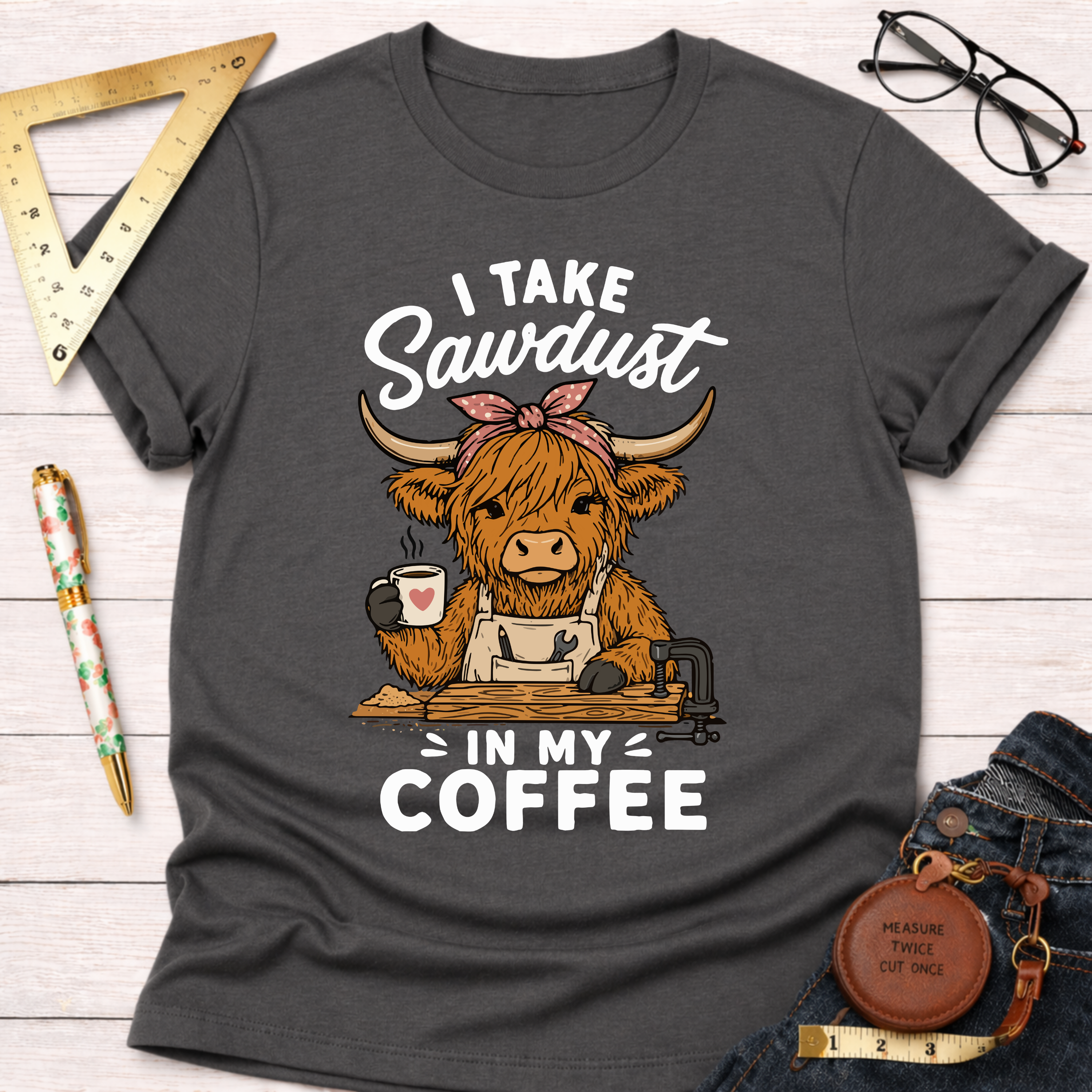 Charcoal cotton t-shirt with a cartoon Highland cow wearing a bandana and apron, drinking coffee, with "I Take Sawdust In My Coffee" text.