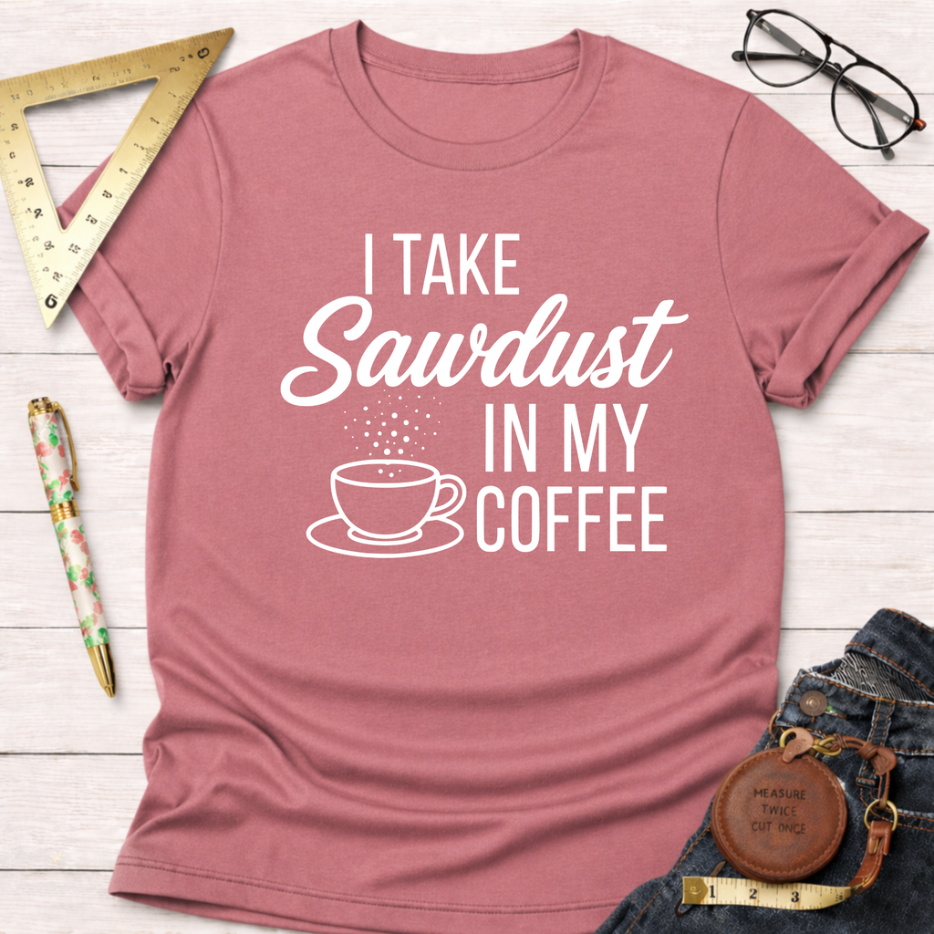 Women's funny woodworking graphic tee shirt for female woodworkers, makers, and DIY builders — Sawdust & Ponytails. Mauve cotton t-shirt with "I Take Sawdust In My Coffee" graphic.