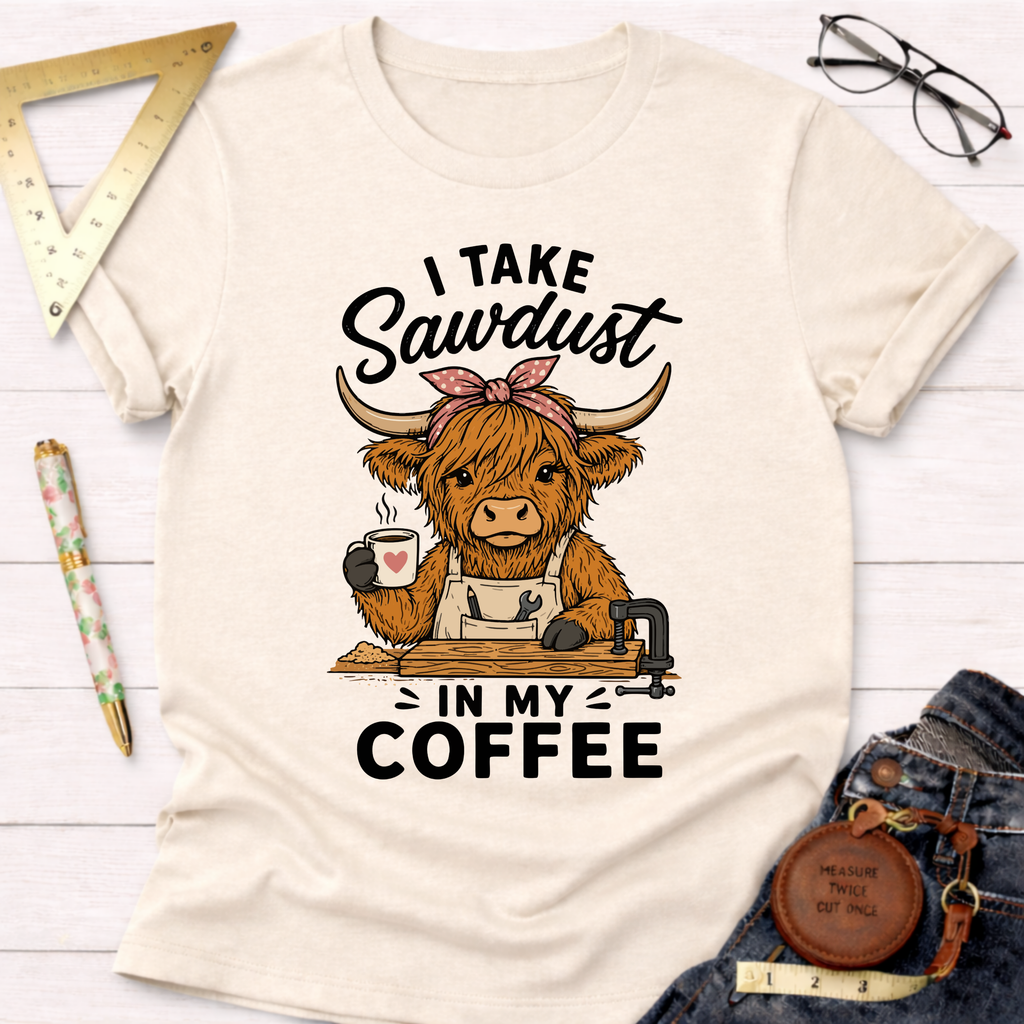 Cream t-shirt with a cartoon Highland cow wearing an apron, holding coffee, and "I Take Sawdust In My Coffee" text.