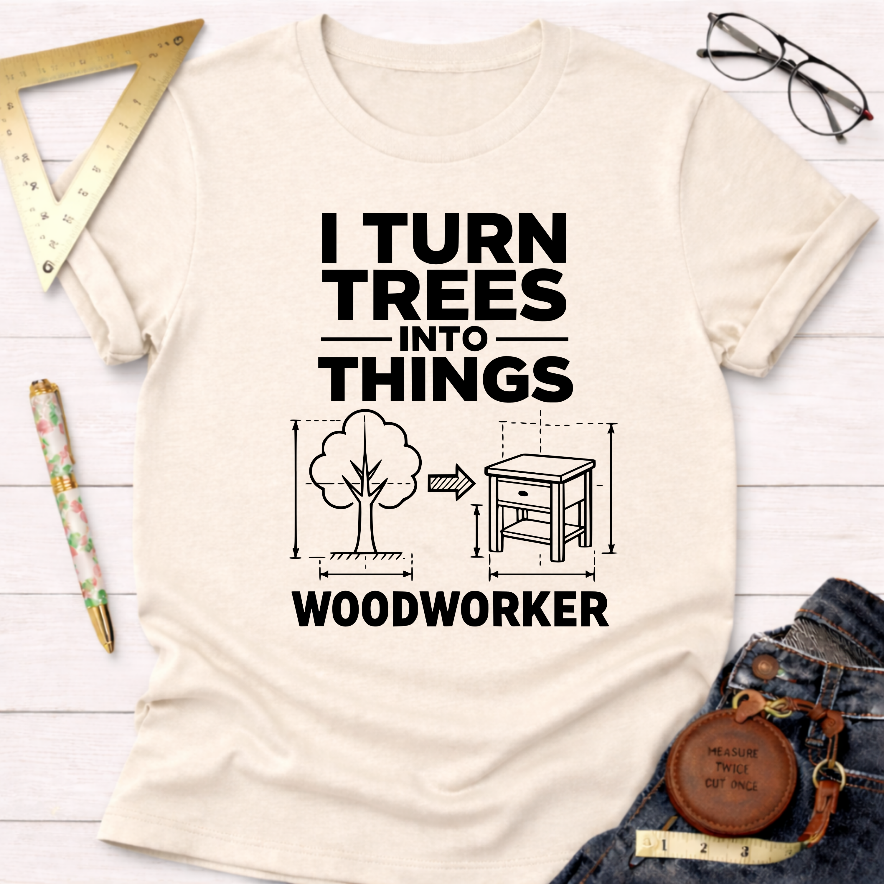 Cream cotton t-shirt with "I Turn Trees Into Things WOODWORKER" graphic, showing a tree turning into a nightstand.