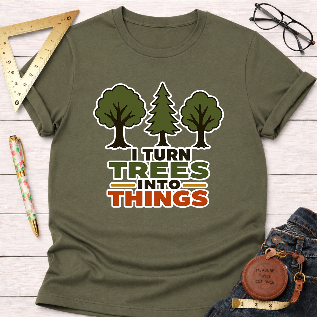 Olive green "I Turn Trees Into Things" t-shirt with tree graphics, styled on a white wooden surface.