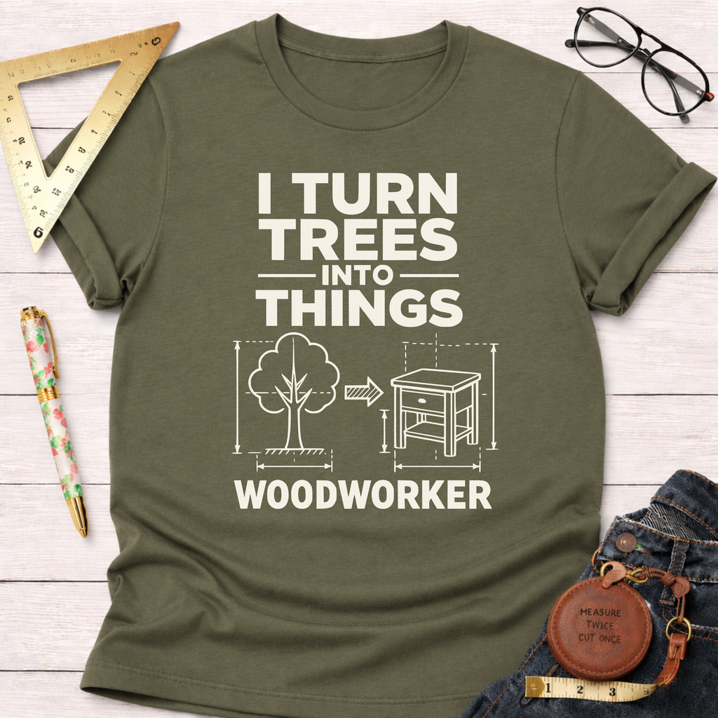 Olive green "I Turn Trees Into Things Woodworker" graphic t-shirt with a tree and furniture design.