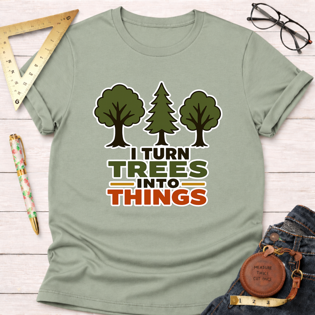 Light green cotton t-shirt with "I Turn Trees Into Things" text and three tree graphics.
