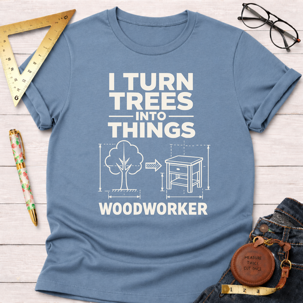 Light blue "I Turn Trees Into Things Woodworker" graphic t-shirt with a tree transforming into a nightstand design.