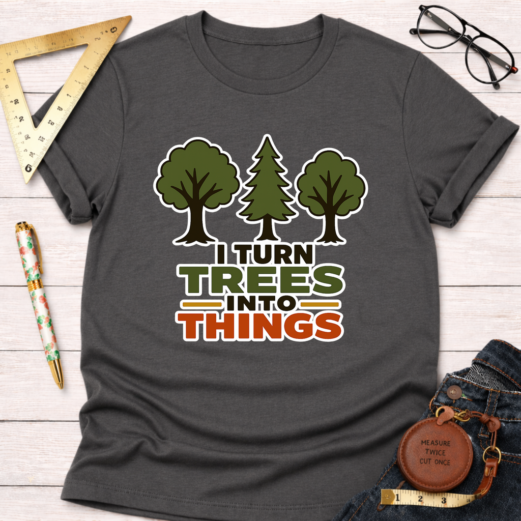 Dark gray cotton t-shirt with "I Turn Trees Into Things" graphic and three tree illustrations.