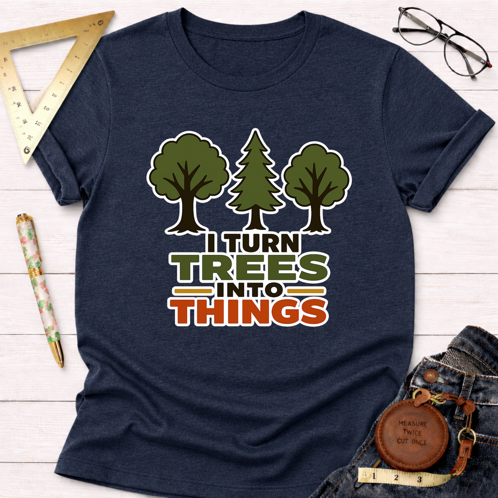 Navy blue "I Turn Trees Into Things" t-shirt with green and orange text, featuring three tree graphics.
