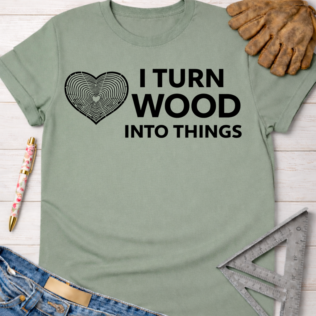 Women's funny woodworking graphic tee shirt for female woodworkers, makers, and DIY builders — Sawdust & Ponytails. Sage green cotton tee with "I Turn Wood Into Things" text and a heart-shaped wood grain graphic.