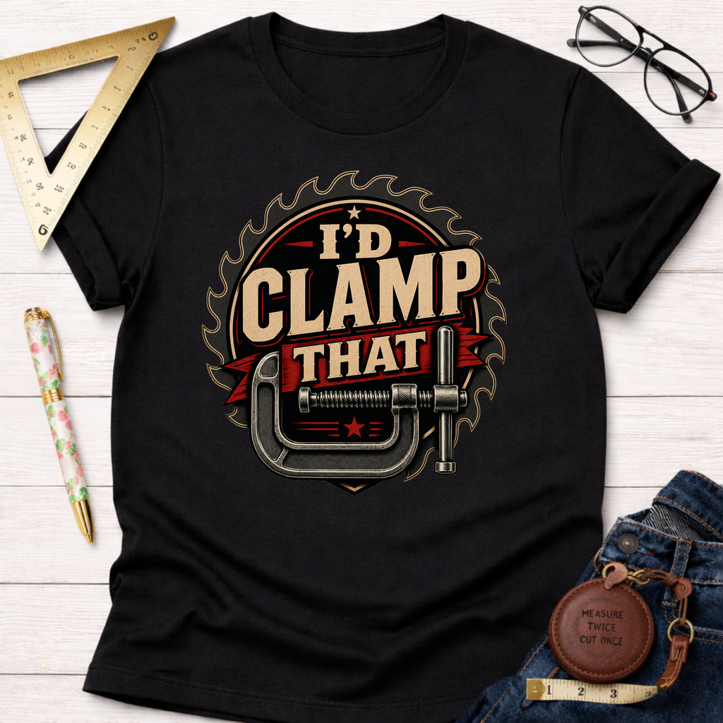 Black "I'd Clamp That" t-shirt with a saw blade and C-clamp graphic, displayed on a white wood surface.