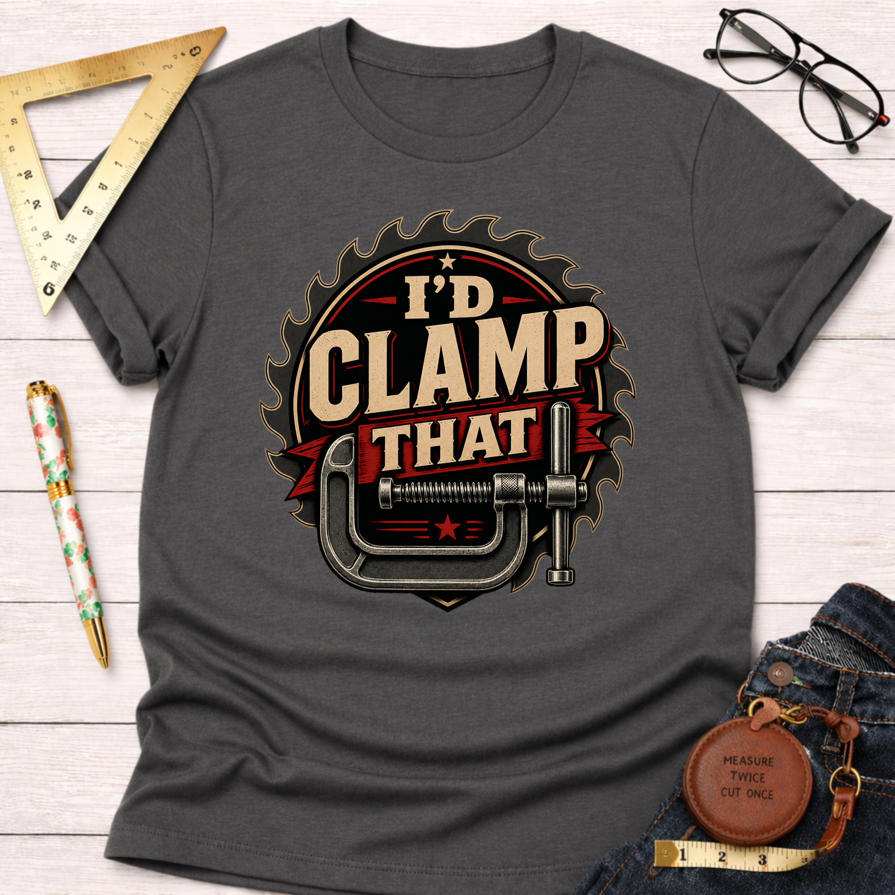 Dark gray "I'd Clamp That" t-shirt with a saw blade and clamp graphic, laid flat on a white wooden surface.