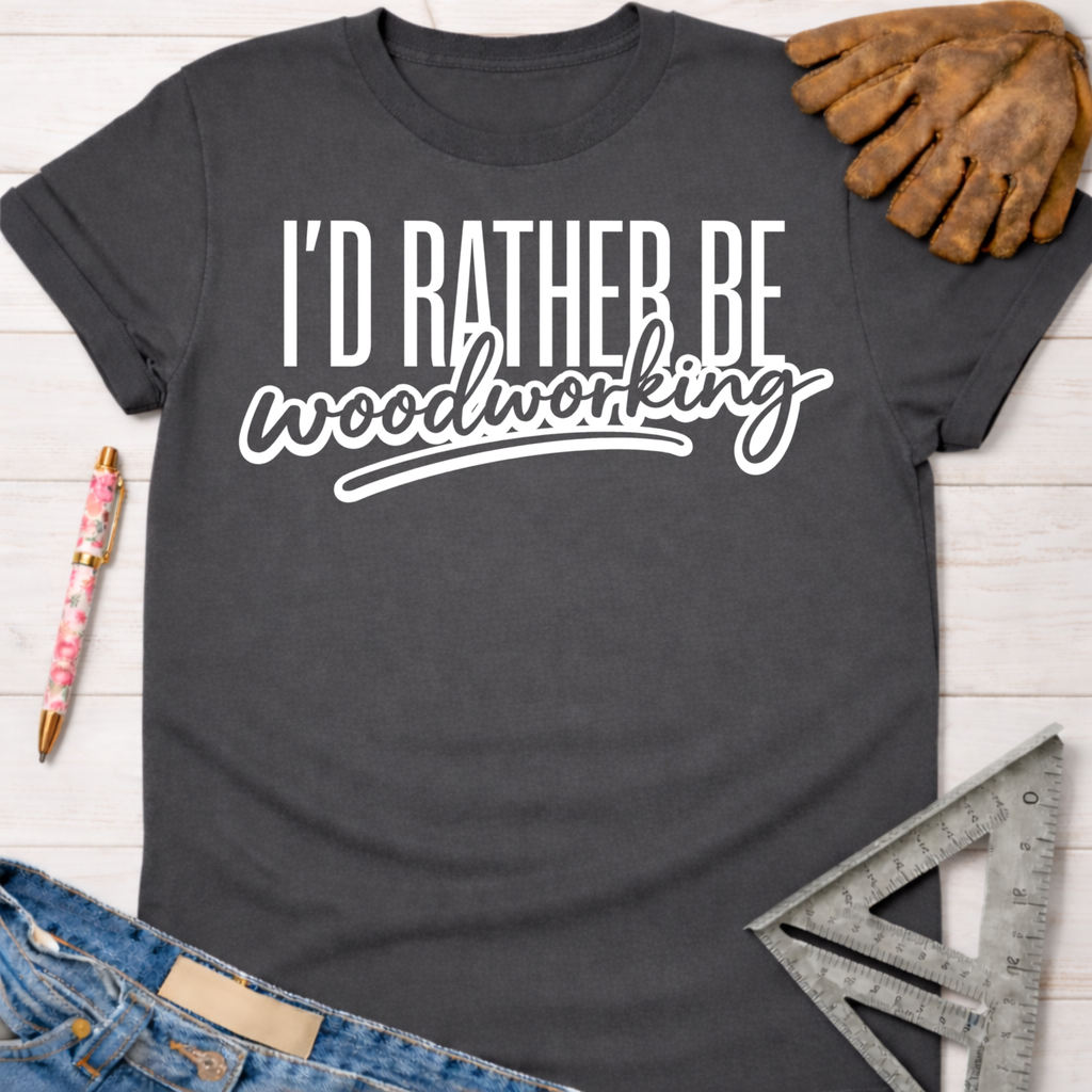 Women's funny woodworking graphic tee shirt for female woodworkers, makers, and DIY builders — Sawdust & Ponytails. Dark gray cotton tee with "I'D RATHER BE woodworking" in white text.