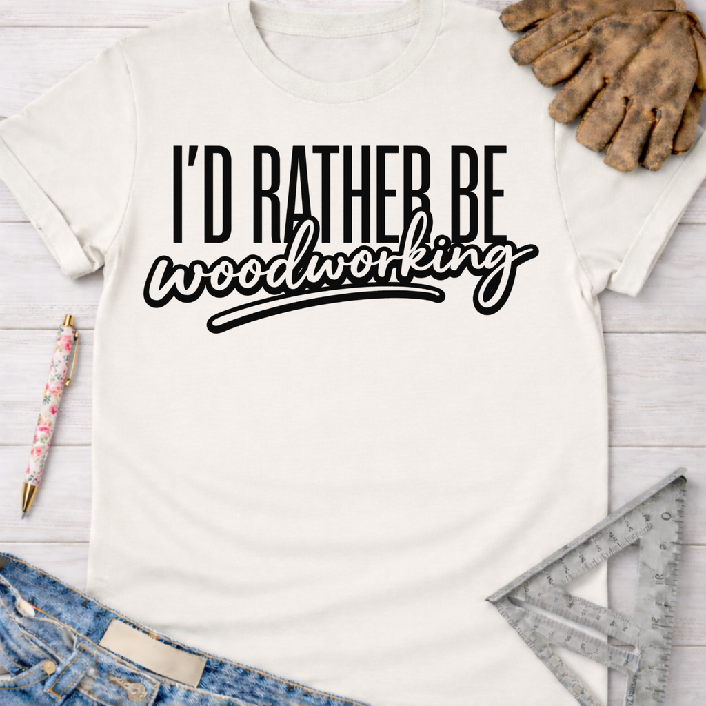 White cotton "I'd Rather Be Woodworking" graphic tee for women, with jeans, work gloves, and tools.