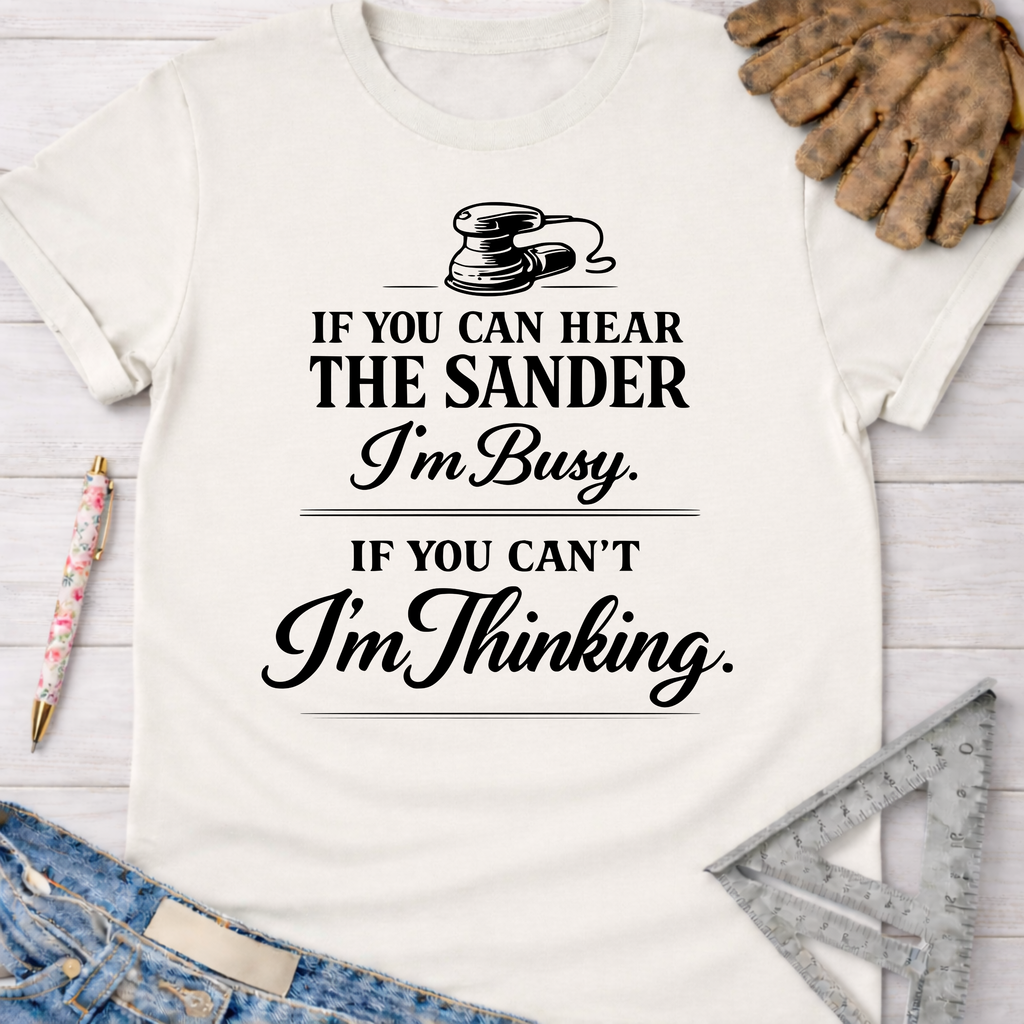 Women's funny woodworking graphic tee shirt for female woodworkers, makers, and DIY builders — Sawdust & Ponytails. Cream cotton tee with "If You Can Hear The Sander I'm Busy. If You Can't I'm Thinking" text.