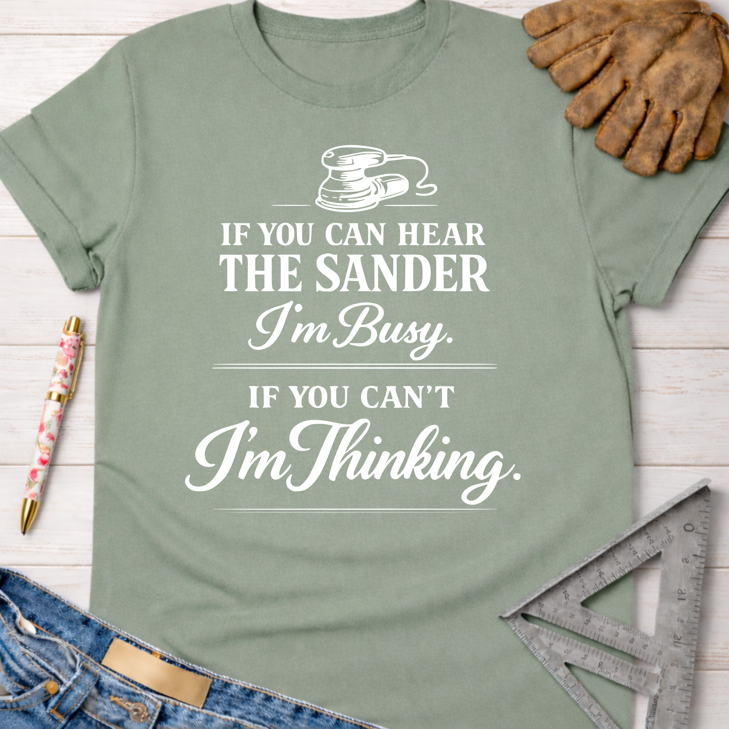 Women's funny woodworking graphic tee shirt for female woodworkers, makers, and DIY builders — Sawdust & Ponytails.