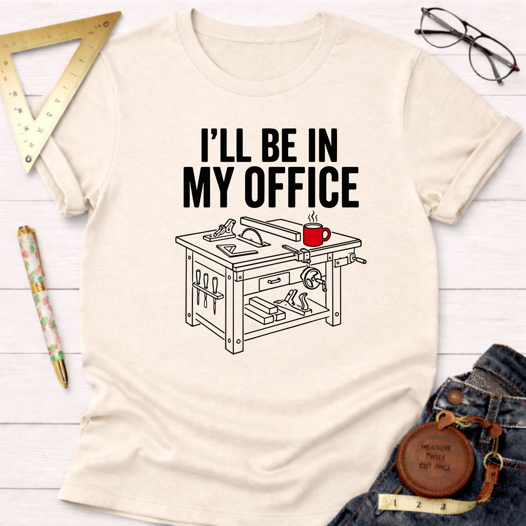 Cream "I'll Be In My Office" t-shirt with a saw table and coffee graphic, styled with jeans and tools.