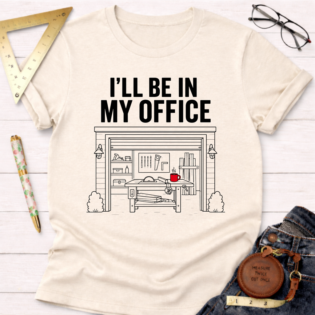 Cream t-shirt with "I'LL BE IN MY OFFICE" text above a detailed garage workshop illustration.