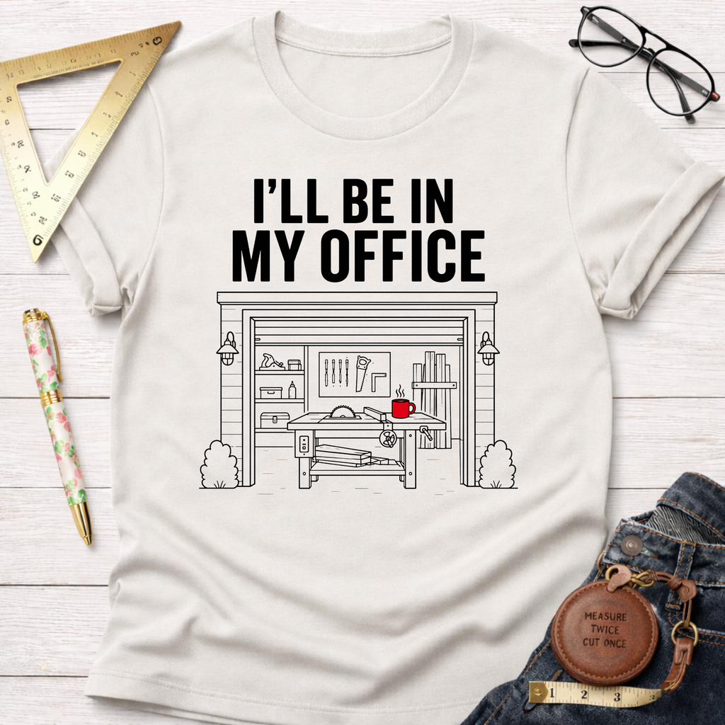 Off-white cotton t-shirt with "I'LL BE IN MY OFFICE" text above a detailed garage workshop illustration.