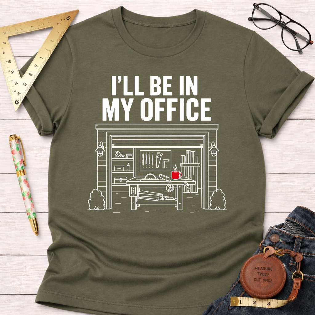 Olive green t-shirt with "I'LL BE IN MY OFFICE" and a white outline drawing of a garage workshop.