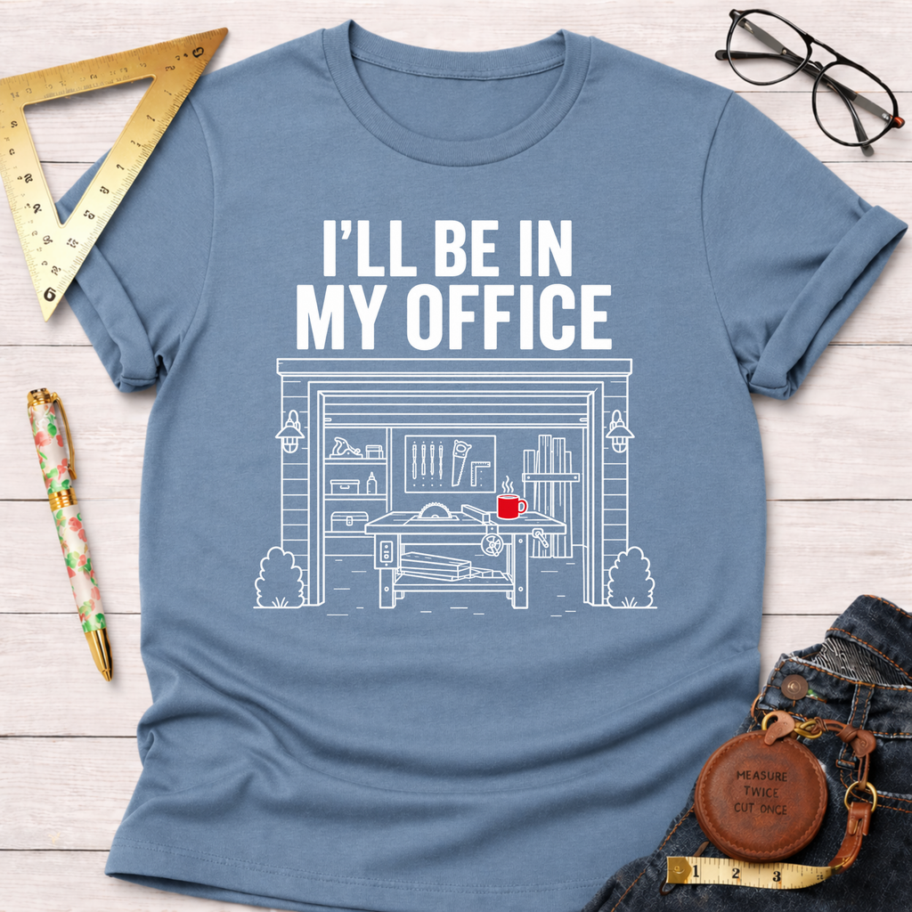 Light blue t-shirt with "I'LL BE IN MY OFFICE" above a detailed garage workshop graphic with a red mug.