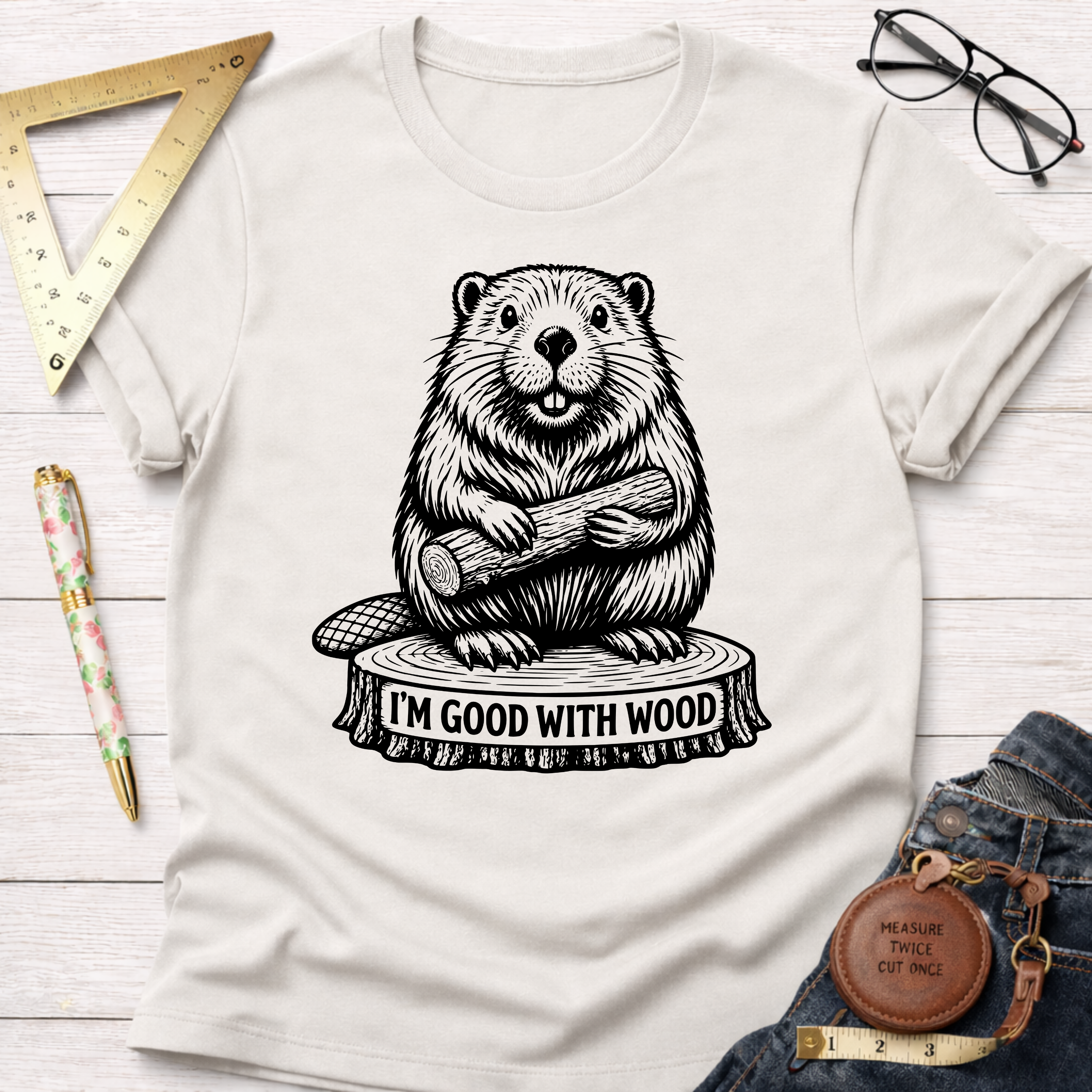 Women's funny woodworking graphic tee shirt for female woodworkers, makers, and DIY builders — Sawdust & Ponytails. Cream t-shirt with a black beaver graphic holding a log, standing on a tree stump that reads "I'M GOOD WITH WOOD.