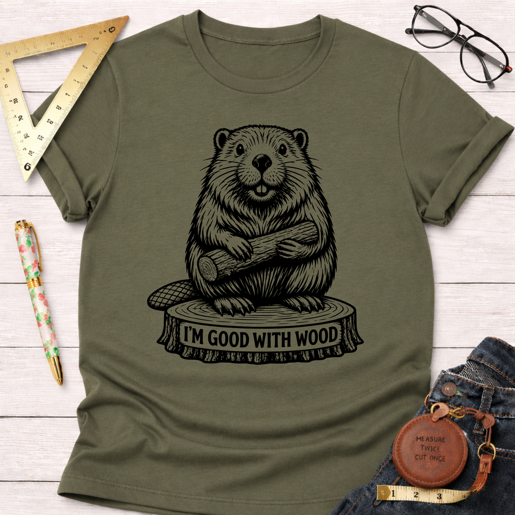 Women's funny woodworking graphic tee shirt for female woodworkers, makers, and DIY builders — Sawdust & Ponytails. Olive green cotton tee with a black beaver holding wood on a tree stump, "I'M GOOD WITH WOOD" text.