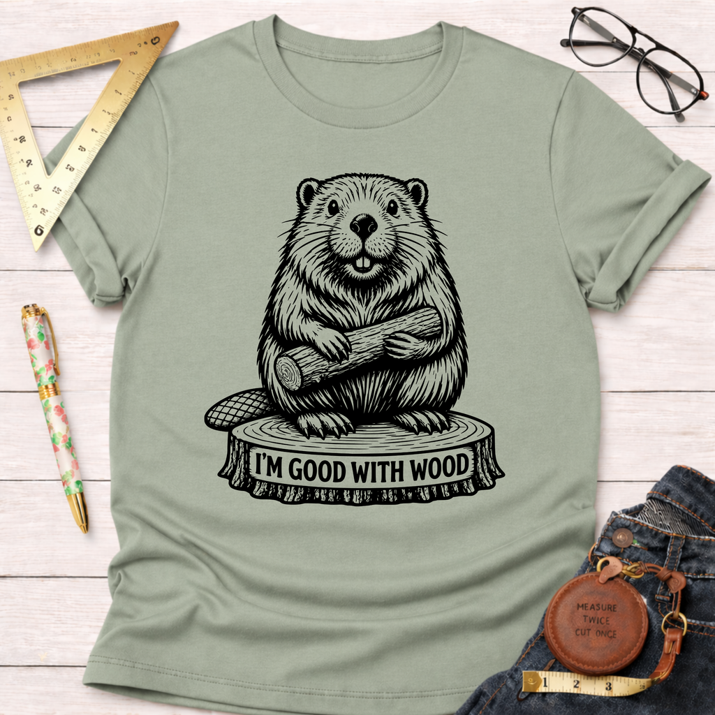 Women's funny woodworking graphic tee shirt for female woodworkers, makers, and DIY builders — Sawdust & Ponytails. Sage green cotton tee with a black beaver graphic holding wood, sitting on a tree stump that reads "I'M GOOD WITH WOOD.
