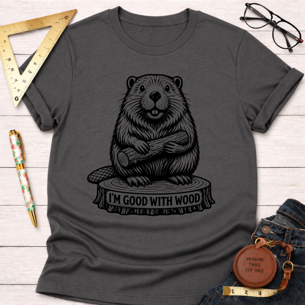 Charcoal gray women's "I'm Good With Wood" beaver graphic tee for woodworkers, makers, and DIY builders — Sawdust & Ponytails.