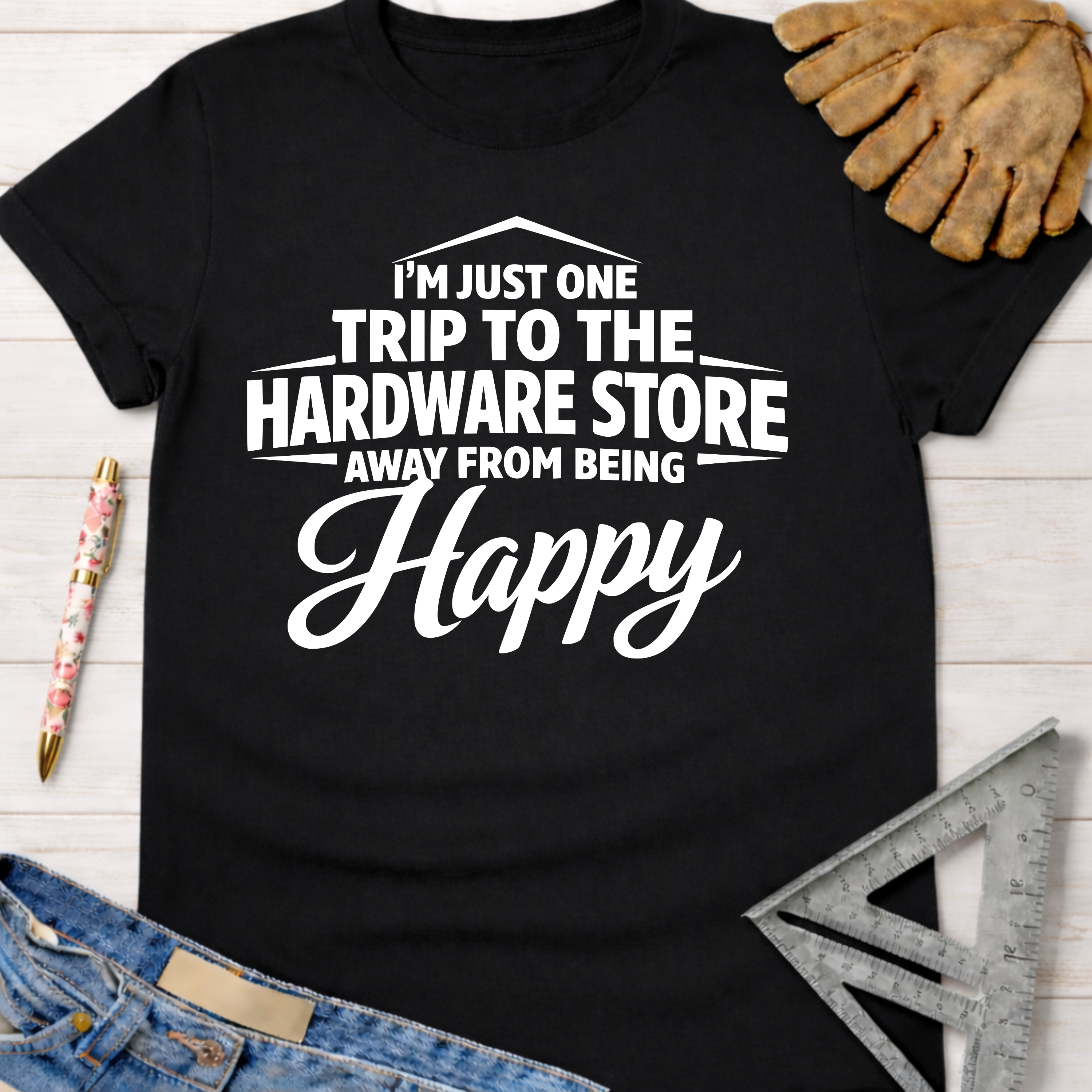 Black cotton "I'm Just One Trip Away" graphic tee, women's funny woodworking shirt for makers.
