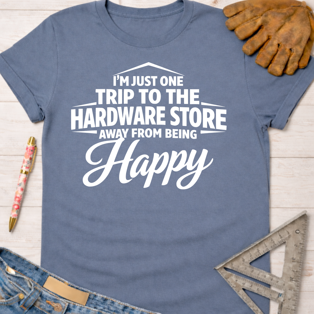Women's funny woodworking graphic tee shirt for female woodworkers, makers, and DIY builders — Sawdust & Ponytails. Blue short-sleeve tee with "I'm Just One Trip Away From Being Happy" text.