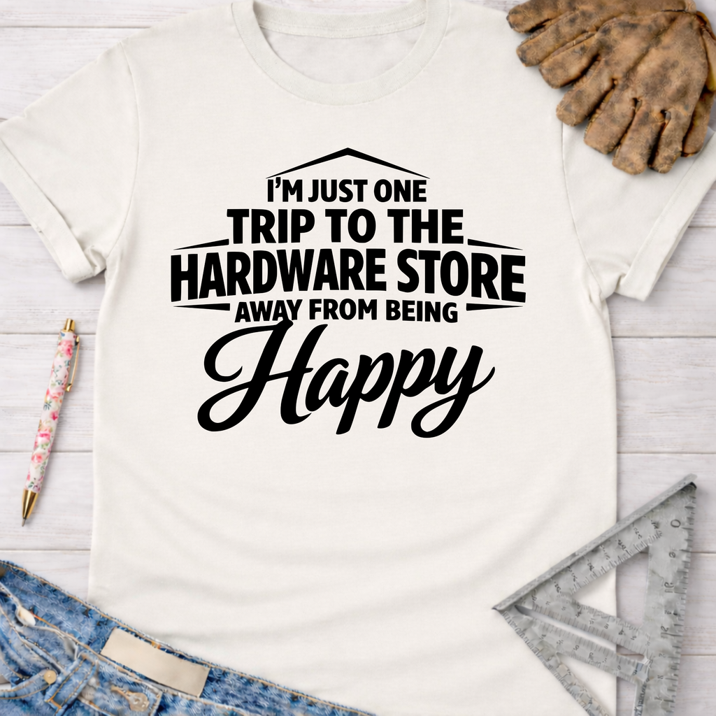 Women's funny woodworking graphic tee shirt for female woodworkers, makers, and DIY builders — Sawdust & Ponytails. White cotton tee with "I'm Just One Trip Away From Being Happy" in black text.