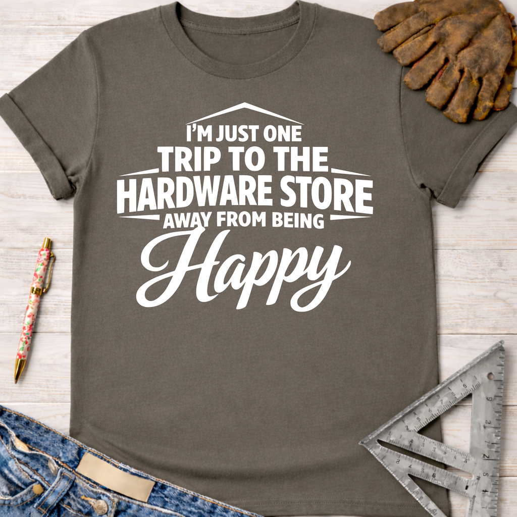 Women's funny woodworking graphic tee shirt for female woodworkers, makers, and DIY builders — Sawdust & Ponytails. Dark gray cotton tee with "I'm Just One Trip To The Hardware Store Away From Being Happy" in white text.