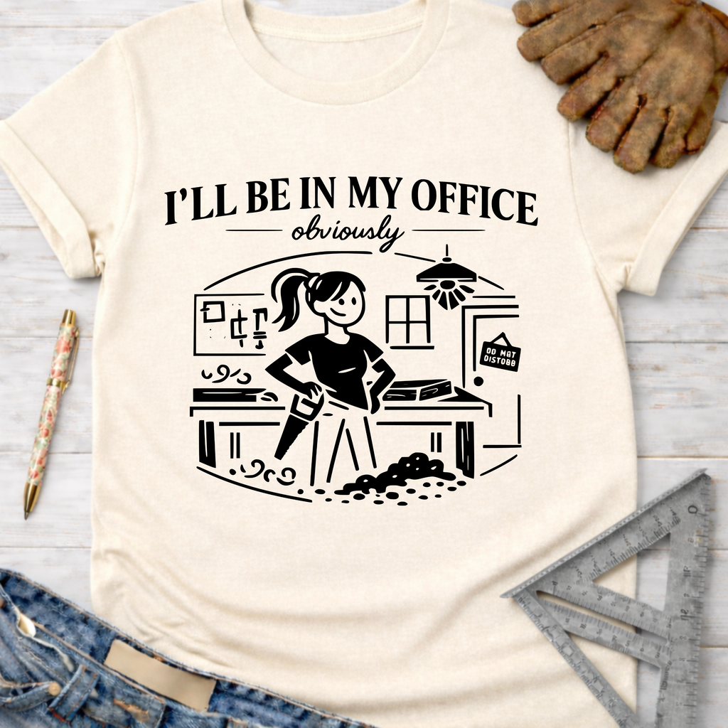 Women's funny woodworking graphic tee shirt for female woodworkers, makers, and DIY builders — Sawdust & Ponytails. Cream t-shirt with "I'll be in my office obviously" and a female woodworker graphic.