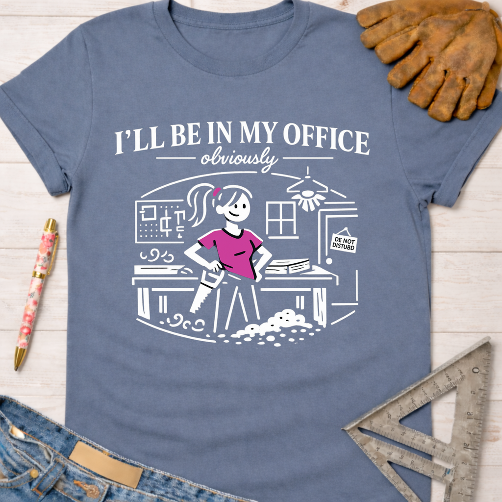 Women's funny woodworking graphic tee shirt for female woodworkers, makers, and DIY builders — Sawdust & Ponytails. Blue short-sleeve t-shirt with "I'll Be In My Office - obviously" and a cartoon woman with a saw in a workshop.