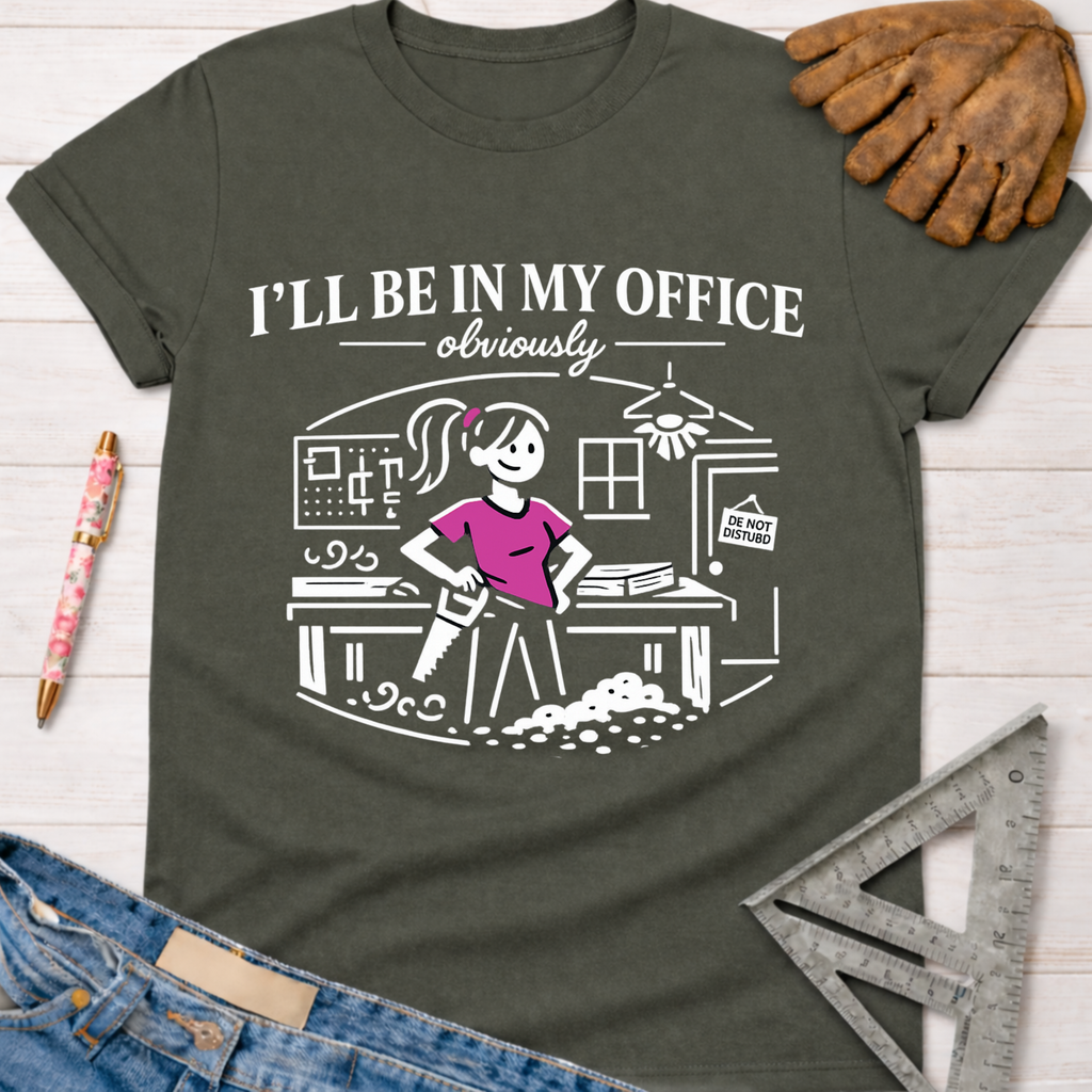 Women's funny woodworking graphic tee shirt for female woodworkers, makers, and DIY builders — Sawdust & Ponytails. Dark gray t-shirt with "I'll Be In My Office" text and a cartoon woman sawing wood.